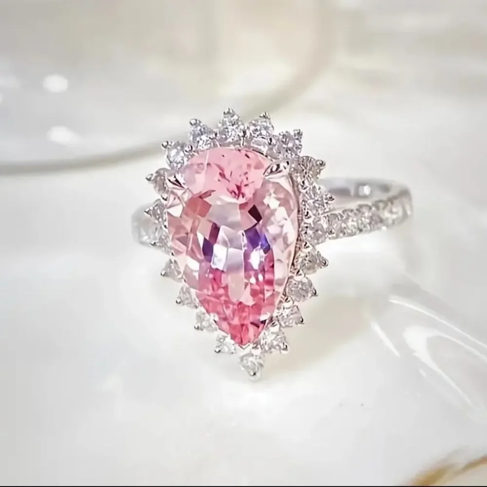 💍 Elegant Princess Engagement Rings For Bride Jewelry Romantic Pink Crystal